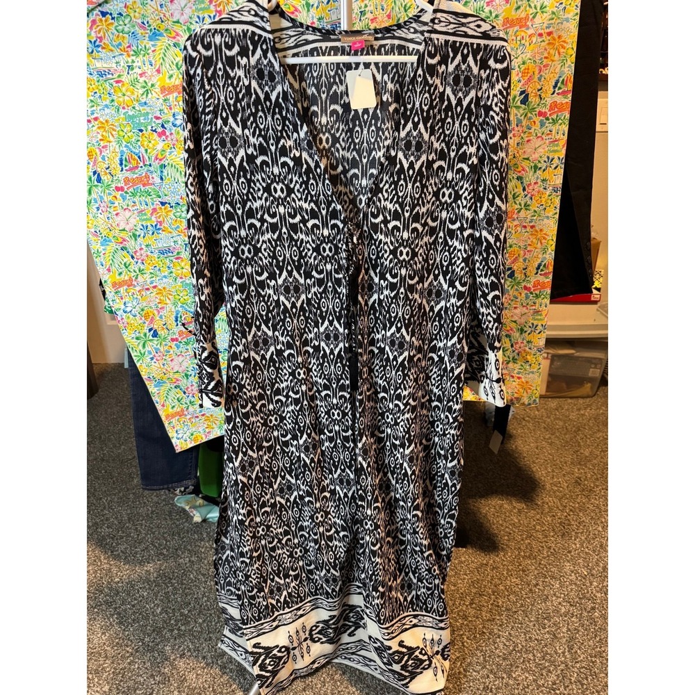 003 Vince Camuto Black White Ikat Tribal Print V-Neck Midi‎ Dress Womens Small